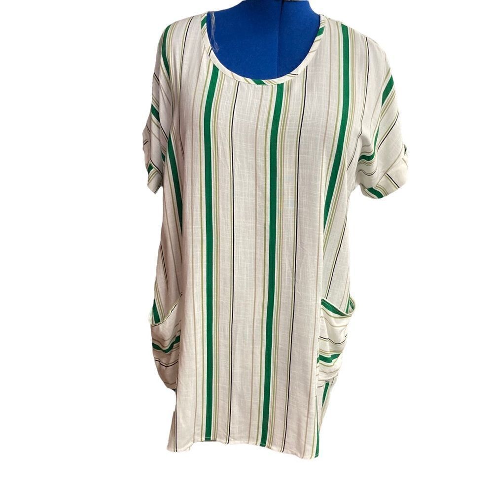 SWEET‎ CLAIRE Women’s Green Tan & White Striped Tunic Top Size X Large